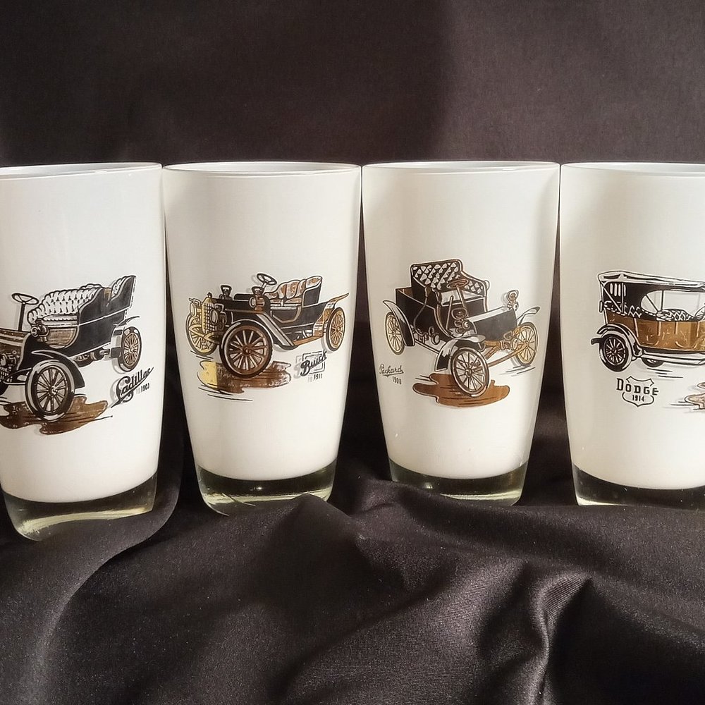 4 ANTIQUE AUTOS, FROSTED GLASSES BY GAY FAD, DODGE, BUICK, PACKARD & CADILLAC